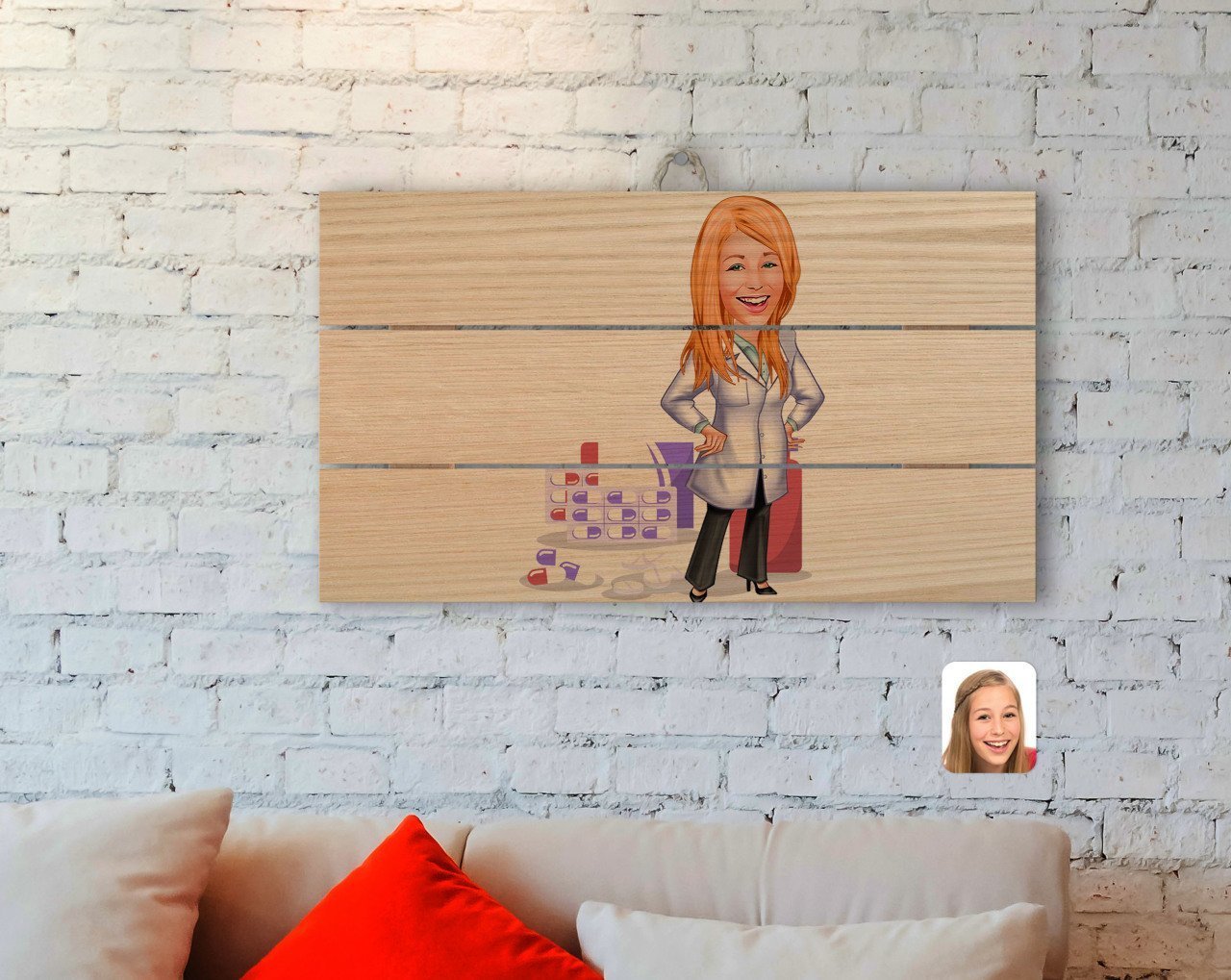 Kişiye Özel Kadın Eczacı Karikatürlü Otantik Ahşap Palet Tablo-3