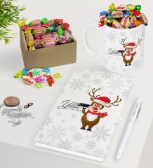 Kişiye Özel Yılbaşı Mutlu Yıllar Beyaz Defter Kalem Kupa ve Kutulu Haribo Şeker Hediye Seti-11
