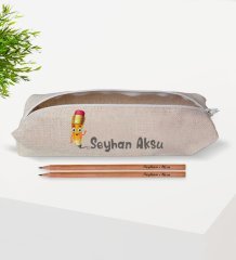 Çocuklara Özel İsimli Keten Okul Kalemliği ve Ahşap Kurşun Kalem Hediye Seti-2