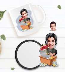 Kişiye Özel Erkek Gamer Karikatürlü Beyaz Kupa ve Ahşap Bardak Altlığı Hediye Seti-1