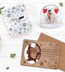 Kişiye Özel Fotoğraflı Kar Küresi & Happy New Year Kupa Bardak & Retro Ahşap Yılbaşı Tebrik Kartı Hediye Seti-7C