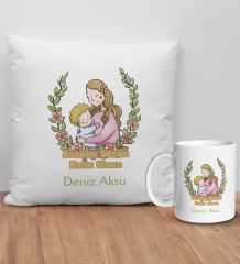 BK Gift Kişiye Özel Anne Tasarımlı Beyaz Kırlent Yastık ve Kupa Seti-5, Anneye Hediye, Anneler Günü Hediyeleri