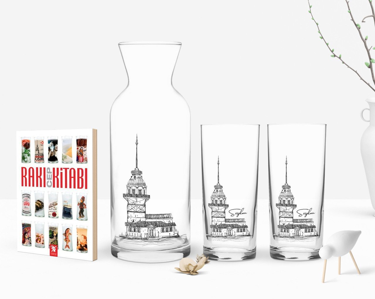 Kişiye Özel Renkli Baskılı Kız Kulesi Tasarımlı İkili Rakı Bardağı Karaf ve Cep Kitabı Hediye Seti-1