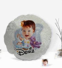 Kişiye Özel İsimli Bebek Doğum Günü Karikatürlü Yuvarlak Dekoratif Kırlent Yastık-2