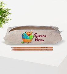 Çocuklara Özel İsimli Keten Okul Kalemliği ve Ahşap Kurşun Kalem Hediye Seti-1