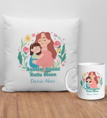 BK Gift Kişiye Özel Anne Tasarımlı Beyaz Kırlent Yastık ve Kupa Seti-4, Anneye Hediye, Anneler Günü Hediyeleri