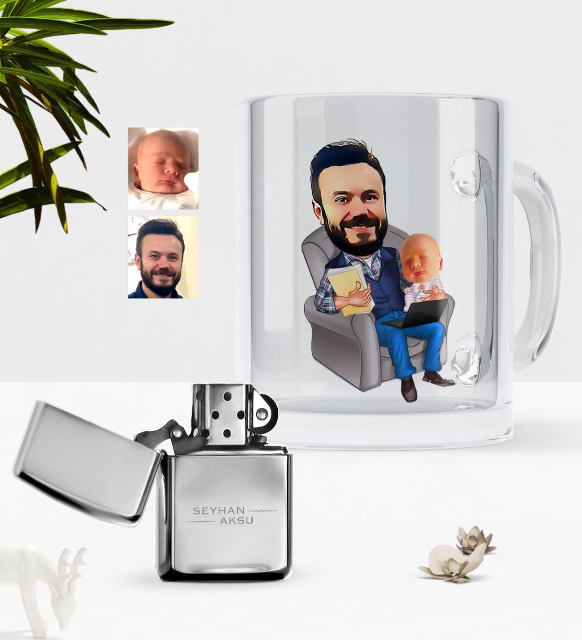 Kişiye Özel Baba Oğul Karikatürlü Cam Kupa Bardak Benzinli Metal Çakmak Seti-1