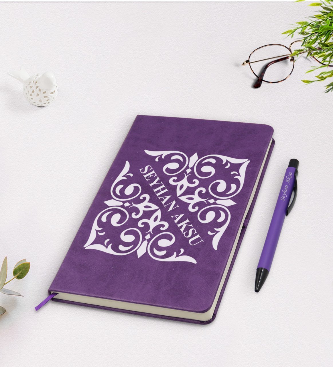 Kişiye Özel İsimli Mor Termo Deri Defter Kalem Seti Model 10