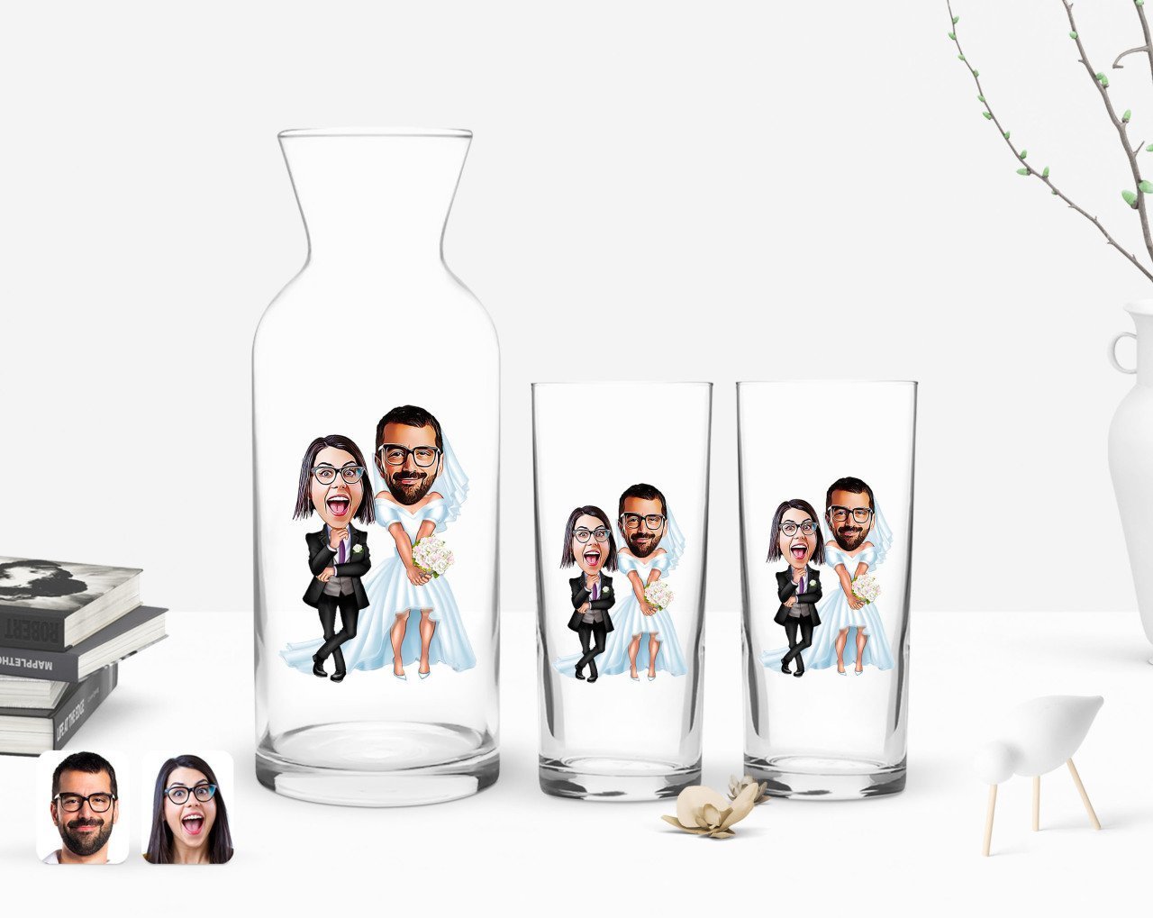 Kişiye Özel Renkli Baskılı Sevgililer Karikatürlü İkili Rakı Bardağı ve Karaf Hediye Seti-16