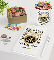 Kişiye Özel Yılbaşı Mutlu Yıllar Beyaz Defter Kalem Kupa ve Kutulu Haribo Şeker Hediye Seti-9