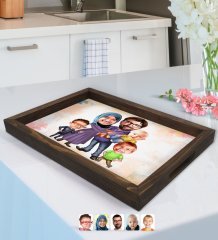 Kişiye Özel Aile Karikatürlü Doğal Ahşap Tepsi-8