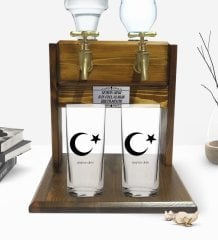 Kişiye Özel Renkli Baskılı Ayyıldız Tasarımlı İkili Rakı Bardağı ve Çift Musluklu Doğal Ahşap Rakı Standı-1