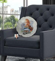 Kişiye Özel İsimli Bebek Doğum Günü Karikatürlü Yuvarlak Dekoratif Kırlent Yastık-1