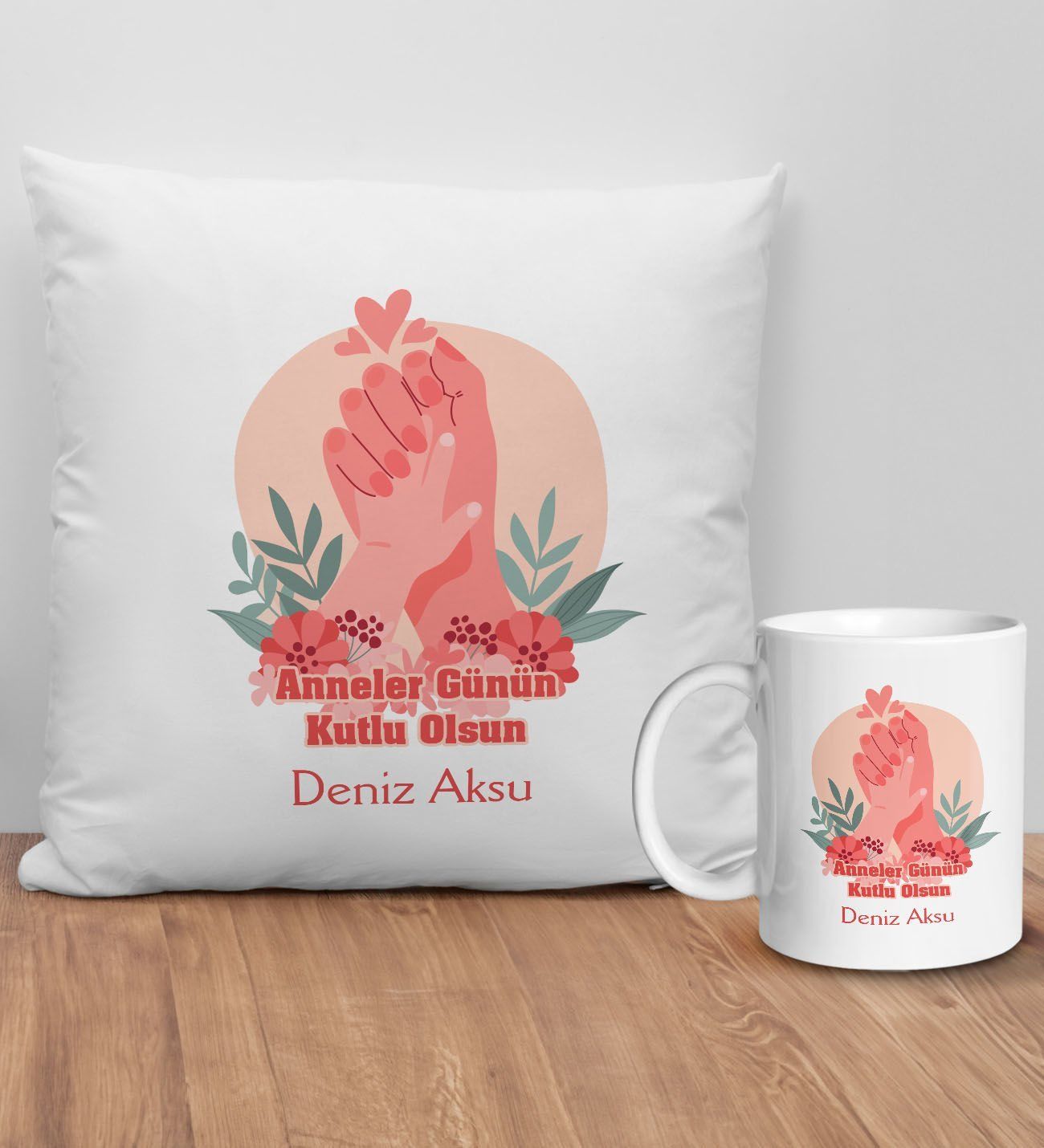 BK Gift Kişiye Özel Anne Tasarımlı Beyaz Kırlent Yastık ve Kupa Seti-3, Anneye Hediye, Anneler Günü Hediyeleri