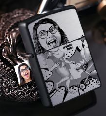 Kişiye Özel Bayan Ev Hanımı Karikatürlü Benzinli Siyah Metal Çakmak - 1