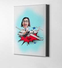 Kişiye Özel Bayan Kaptan Pilot Karikatür Kanvas Tablo (50 x 70 cm.) 1