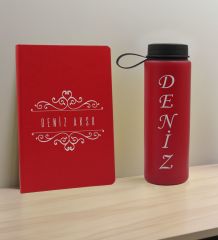 BK Gift Kişiye  Özel İsimli Kırmızı Defter ve Cam Matara Hediye Seti-8, Sevgiliye Hediye, Arkadaşa Hediye, Yeni İş Hediyesi