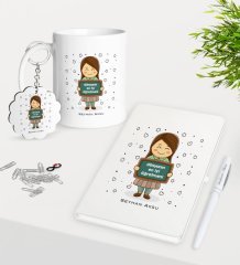 Kişiye Özel Dünyanın En İyi Öğretmeni Kupa Anahtarlık Beyaz Defter Kalem Hediye Seti-17