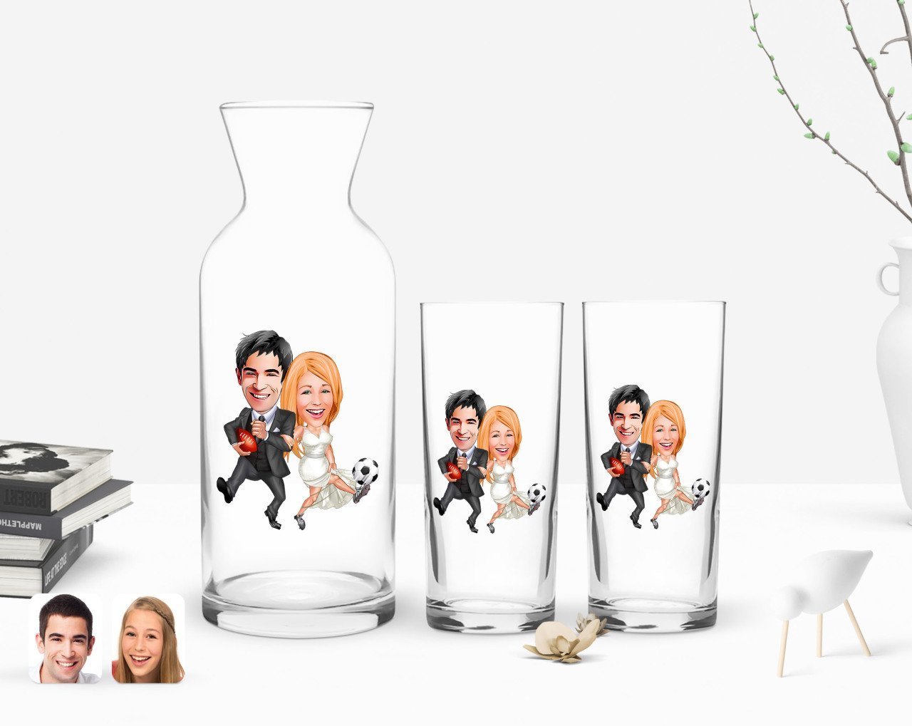 Kişiye Özel Renkli Baskılı Sevgililer Karikatürlü İkili Rakı Bardağı ve Karaf Hediye Seti-15
