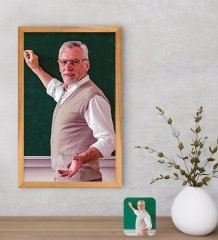 Kişiye Özel Erkek Öğretmen Yağlıboya Tasarımlı Dekoratif Retro Ahşap Çerçeveli Tablo-1