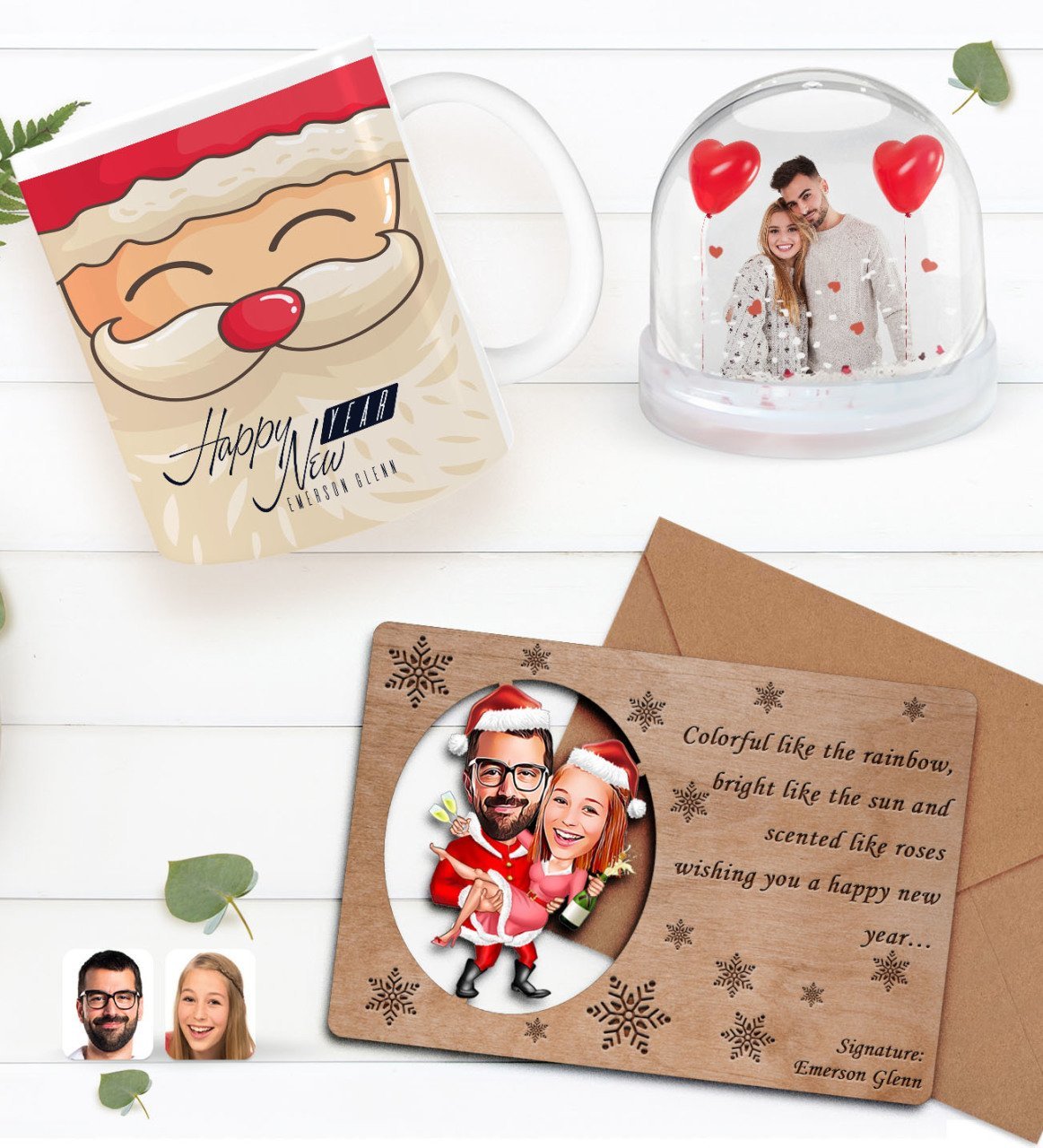 Kişiye Özel Fotoğraflı Kar Küresi & Happy New Year Kupa Bardak & Retro Ahşap Yılbaşı Tebrik Kartı Hediye Seti-6F