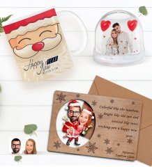 Kişiye Özel Fotoğraflı Kar Küresi & Happy New Year Kupa Bardak & Retro Ahşap Yılbaşı Tebrik Kartı Hediye Seti-6F