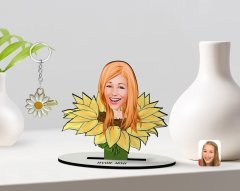 Kişiye Özel Kadın Karikatürlü 3D Ahşap Biblo ve İsimli Gold Papatya Anahtarlık-47