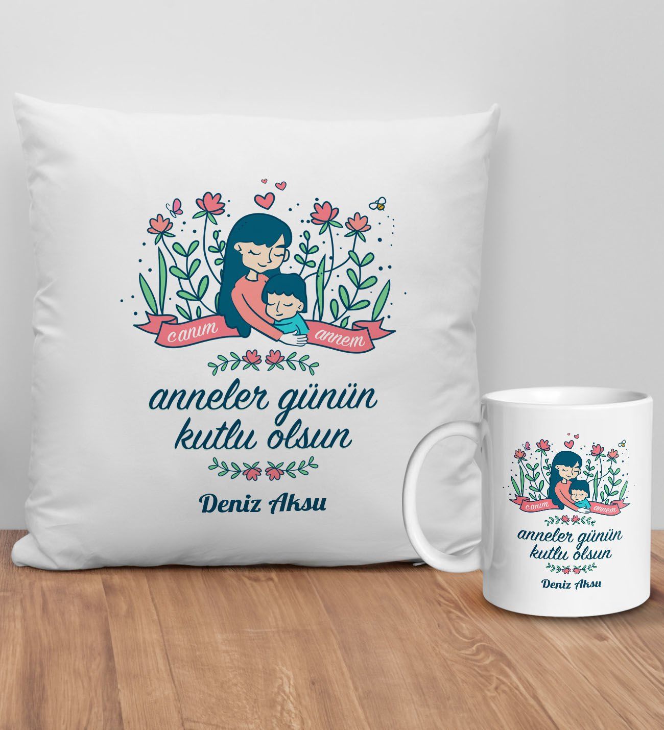 BK Gift Kişiye Özel Anne Tasarımlı Beyaz Kırlent Yastık ve Kupa Seti-2, Anneye Hediye, Anneler Günü Hediyeleri