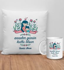 BK Gift Kişiye Özel Anne Tasarımlı Beyaz Kırlent Yastık ve Kupa Seti-2, Anneye Hediye, Anneler Günü Hediyeleri