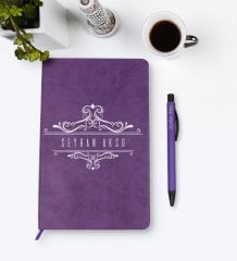 Kişiye Özel İsimli Mor Termo Deri Defter Kalem Seti Model 8