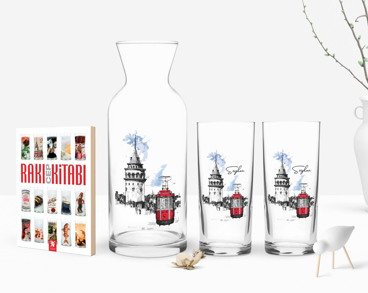 Kişiye Özel Renkli Baskılı İstanbul Tasarımlı İkili Rakı Bardağı Karaf ve Cep Kitabı Hediye Seti-1