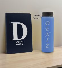 BK Gift Kişiye  Özel İsimli Lacivert Defter ve Mavi Cam Matara Hediye Seti-5, Sevgiliye Hediye, Arkadaşa Hediye, Yeni İş Hediyesi