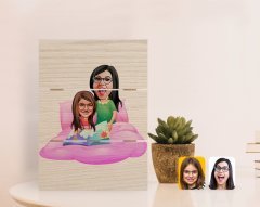 Kişiye Özel Anneler Günü Temalı Anne Kız Karikatürlü Otantik Masaüstü Ahşap Palet Çerçeve-3