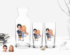 Kişiye Özel Renkli Baskılı Sevgililer Karikatürlü İkili Rakı Bardağı ve Karaf Hediye Seti-14