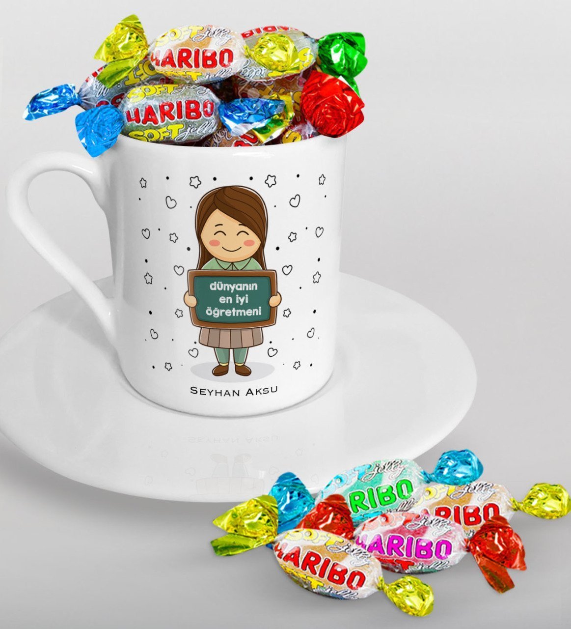 Kişiye Özel Dünyanın En İyi Öğretmeni Türk Kahvesi Fincanı ve Haribo Şeker Hediye Seti-17
