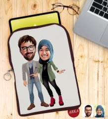 Kişiye Özel Sevgililer Karikatürlü Taşınabilir Koruyucu Tablet Kılıfı & Organizer Çanta - Bordo-60