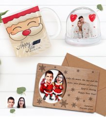 Kişiye Özel Fotoğraflı Kar Küresi & Happy New Year Kupa Bardak & Retro Ahşap Yılbaşı Tebrik Kartı Hediye Seti-6E