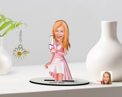 Kişiye Özel Kadın Karikatürlü 3D Ahşap Biblo ve İsimli Gold Papatya Anahtarlık-41