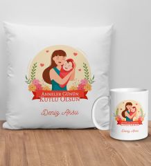 BK Gift Kişiye Özel Anne Tasarımlı Beyaz Kırlent Yastık ve Kupa Seti-1, Anneye Hediye, Anneler Günü Hediyeleri