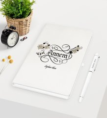 Kişiye Özel Kaligrafi Annem Beyaz Defter Kalem Seti