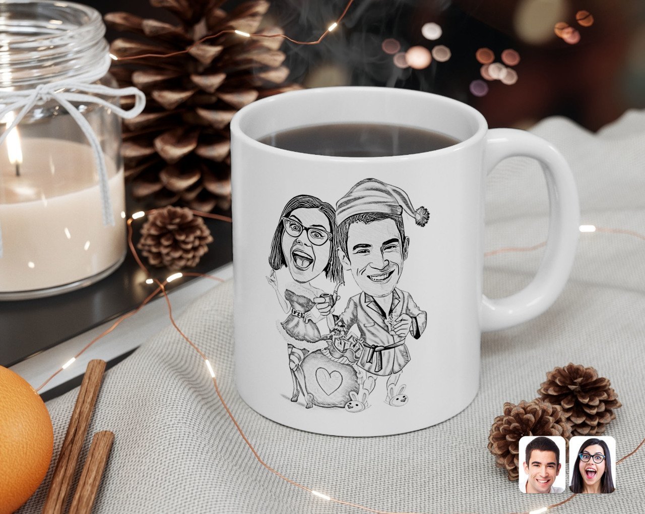 Kişiye Özel Karakalem Yılbaşı Çift Karikatürlü Beyaz Kupa Bardak-1