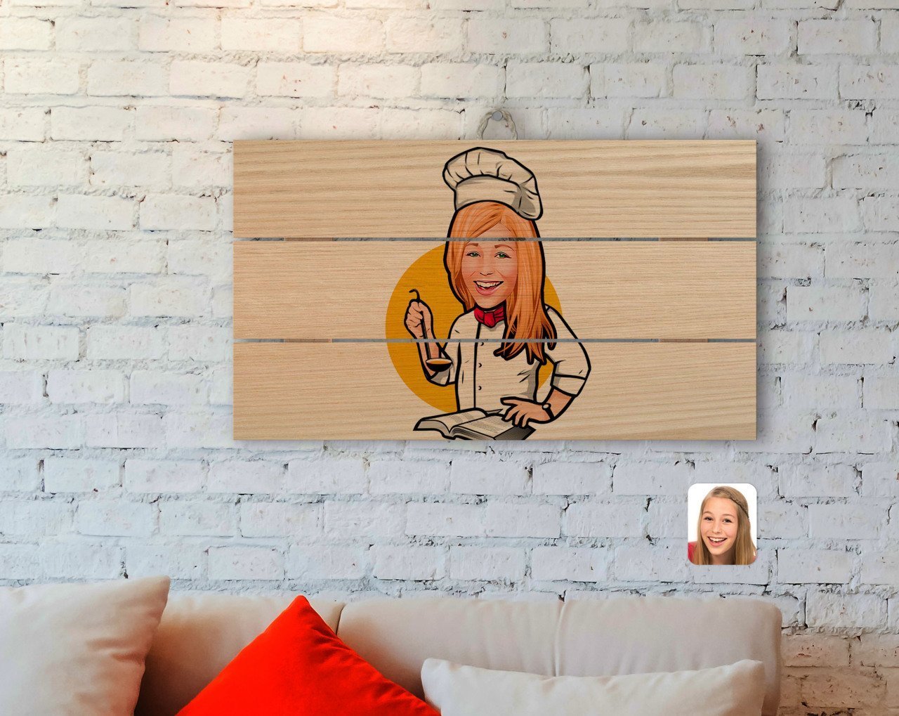 Kişiye Özel Kadın Chef Karikatürlü Otantik Ahşap Palet Tablo-12
