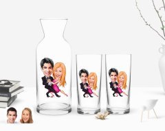 Kişiye Özel Renkli Baskılı Sevgililer Karikatürlü İkili Rakı Bardağı ve Karaf Hediye Seti-13