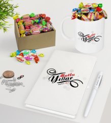 Kişiye Özel Yılbaşı Mutlu Yıllar Beyaz Defter Kalem Kupa ve Kutulu Haribo Şeker Hediye Seti-6