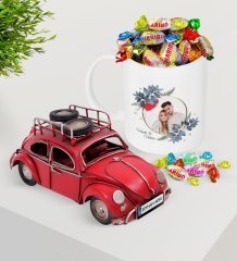 Kişiye Özel İsimli Fotoğraflı Plakalı Nostaljik Kırmızı Metal Vosvos ve Kupa Haribo Şeker Seti-34