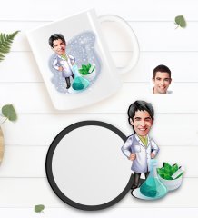 Kişiye Özel Erkek Eczacı Karikatürlü Beyaz Kupa ve Ahşap Bardak Altlığı Hediye Seti-1