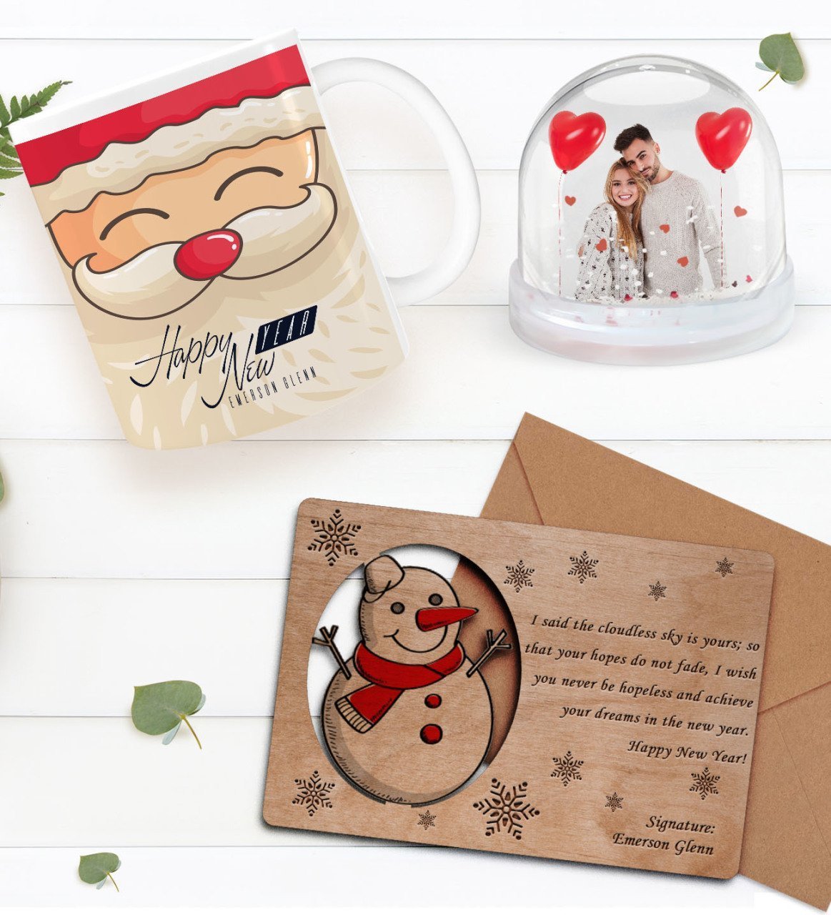 Kişiye Özel Fotoğraflı Kar Küresi & Happy New Year Kupa Bardak & Retro Ahşap Yılbaşı Tebrik Kartı Hediye Seti-6D