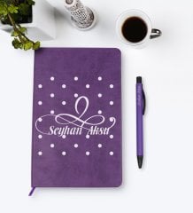 Kişiye Özel İsimli Mor Termo Deri Defter Kalem Seti Model 4