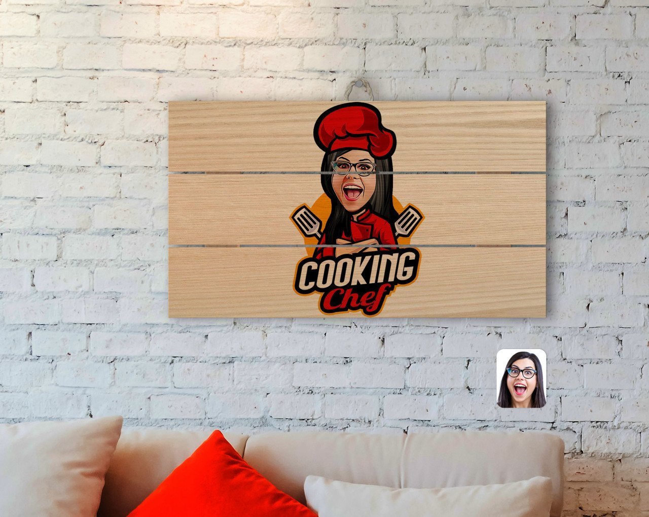 Kişiye Özel Kadın Chef Karikatürlü Otantik Ahşap Palet Tablo-11