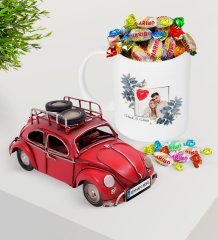 Kişiye Özel İsimli Fotoğraflı Plakalı Nostaljik Kırmızı Metal Vosvos ve Kupa Haribo Şeker Seti-33